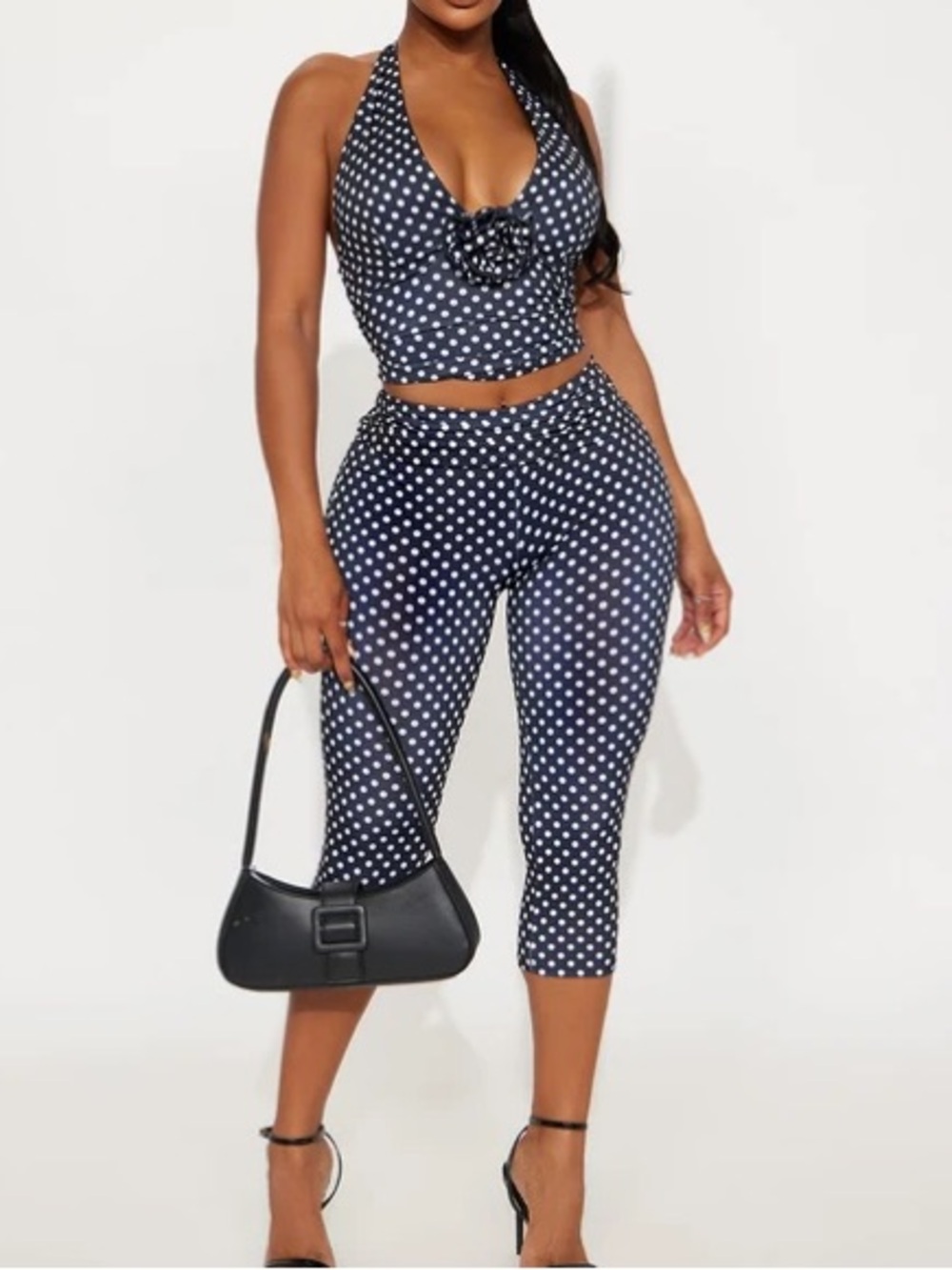 Polka Dot Halter Crop Top & Capri Pants Set - Black/White